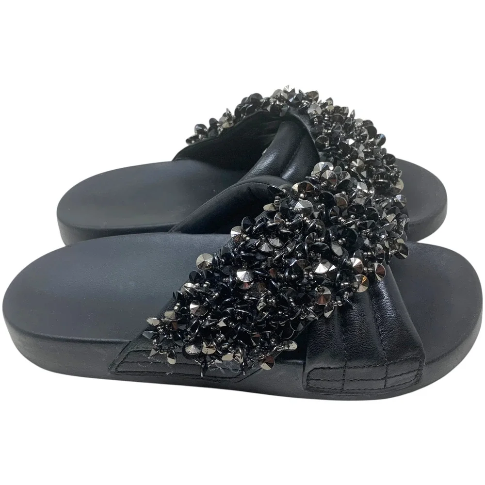 Tory Burch Logan Embellished Studded Leather Crossover Slide Sandals Black Sz 8